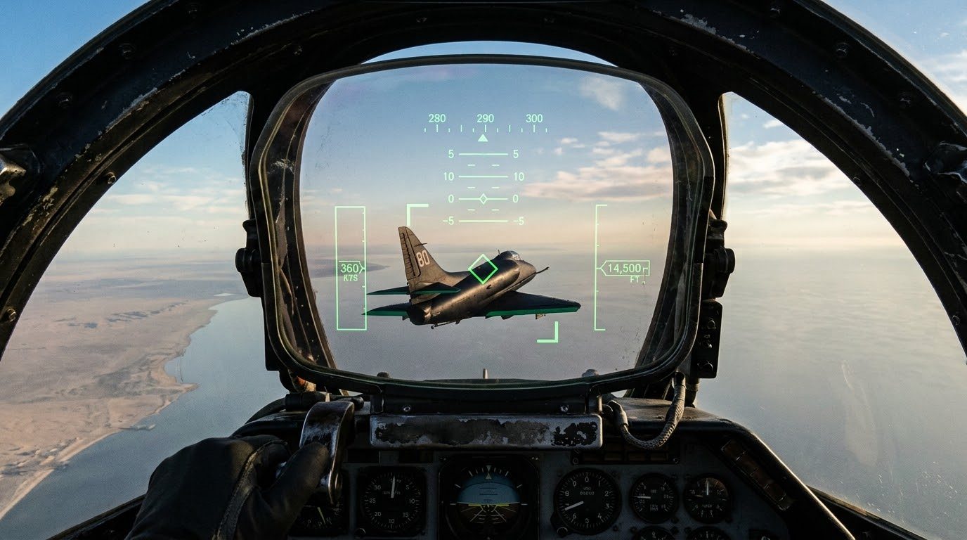 View through the HUD of PURSUIT Unit one, two green brackets locked on Unit two, 80, ahead