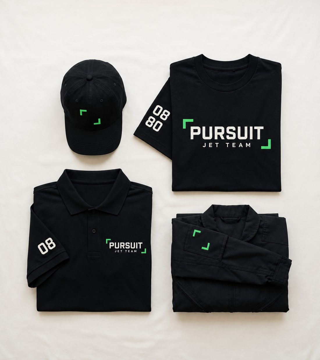 Flat lay of PURSUIT cap, tee, polo and jacket