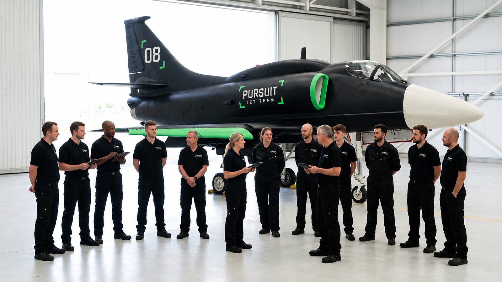 The PURSUIT crew briefing in front of Skyhawk 08 in the hangar