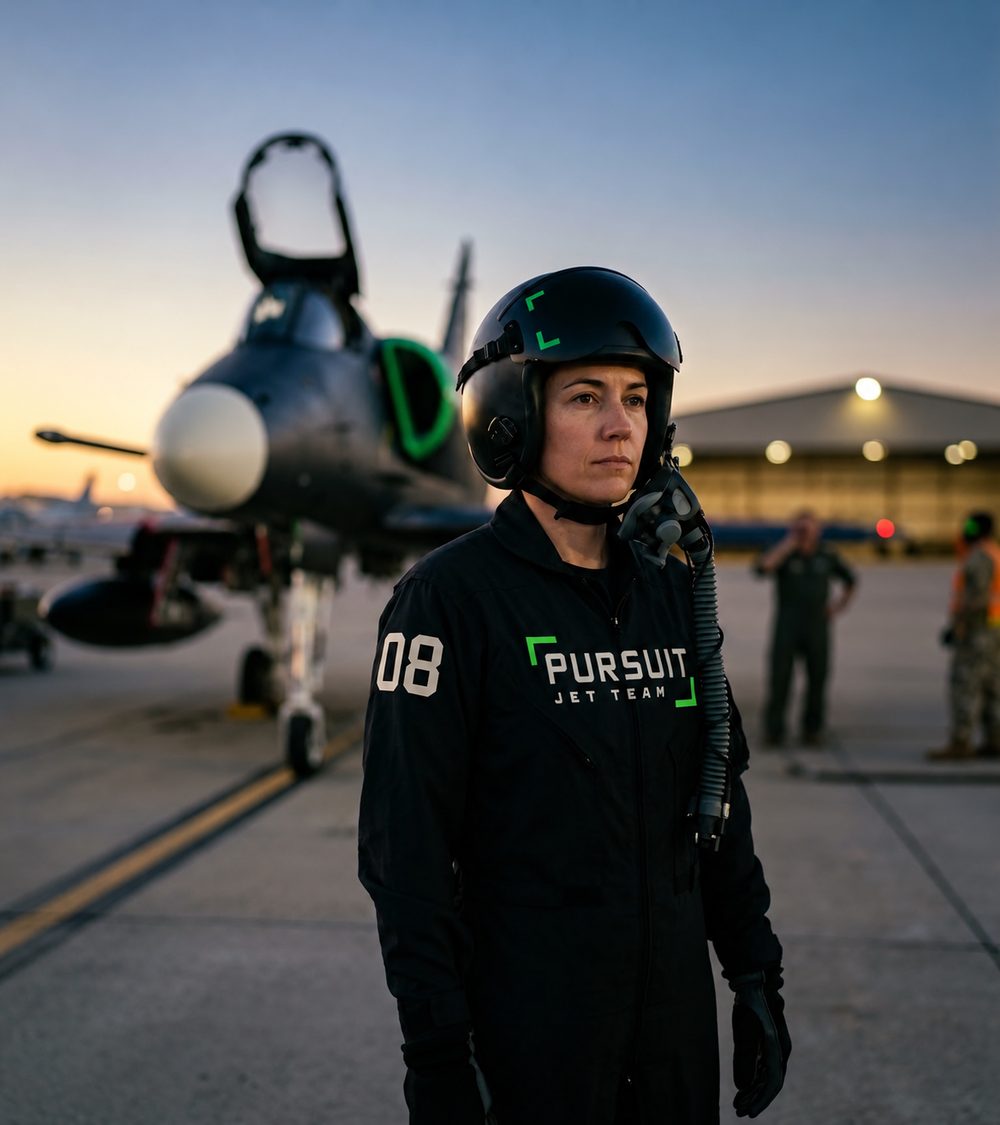 A pilot in PURSUIT flight suit and helmet on the ramp at dusk, a Skyhawk behind