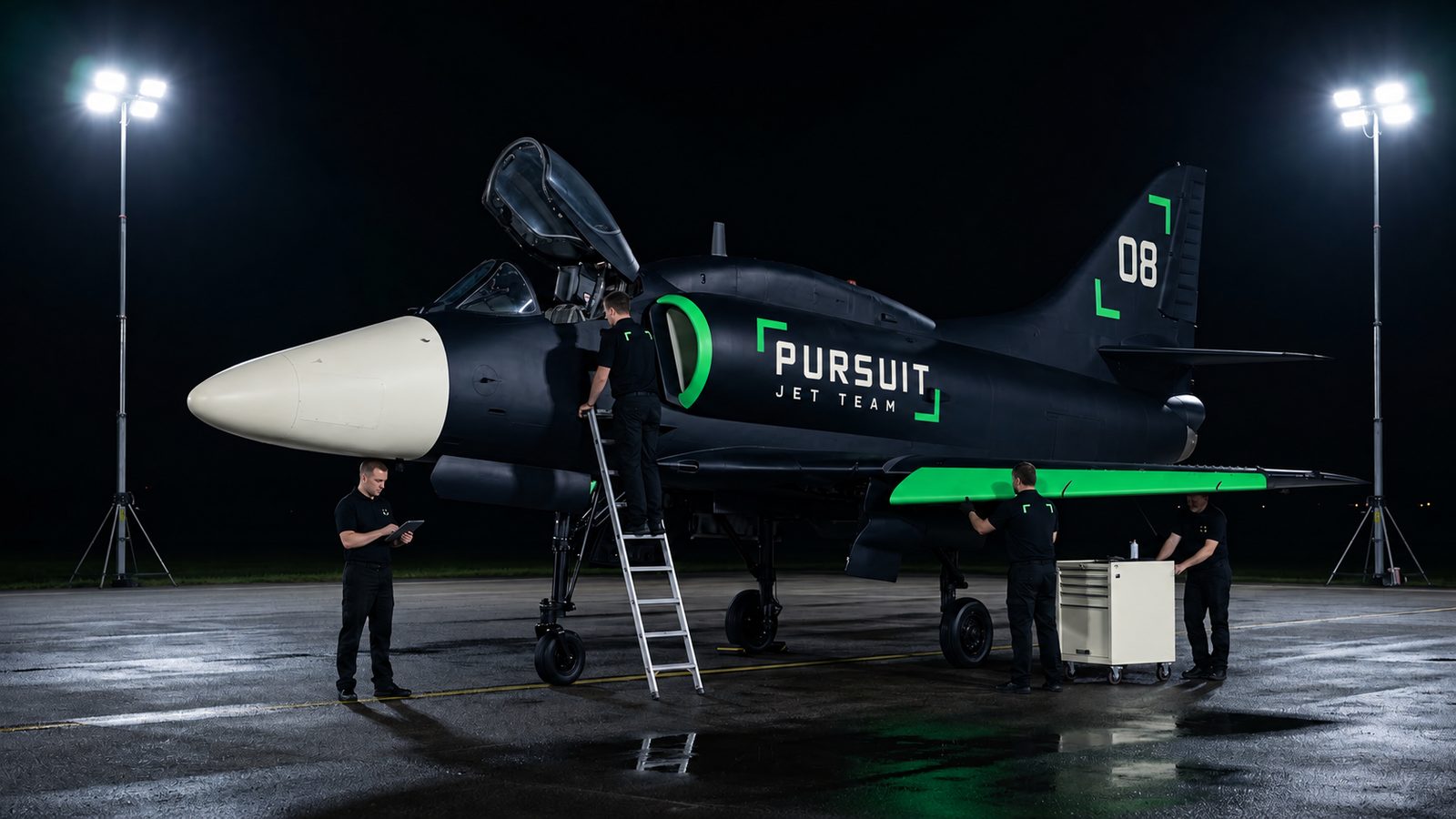 PURSUIT Skyhawk 08 on a wet ramp at night under floodlights with four crew at work