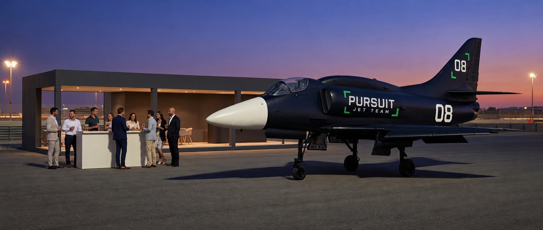 PURSUIT Skyhawk 08 parked outside the team paddock structure at dusk with guests at a counter